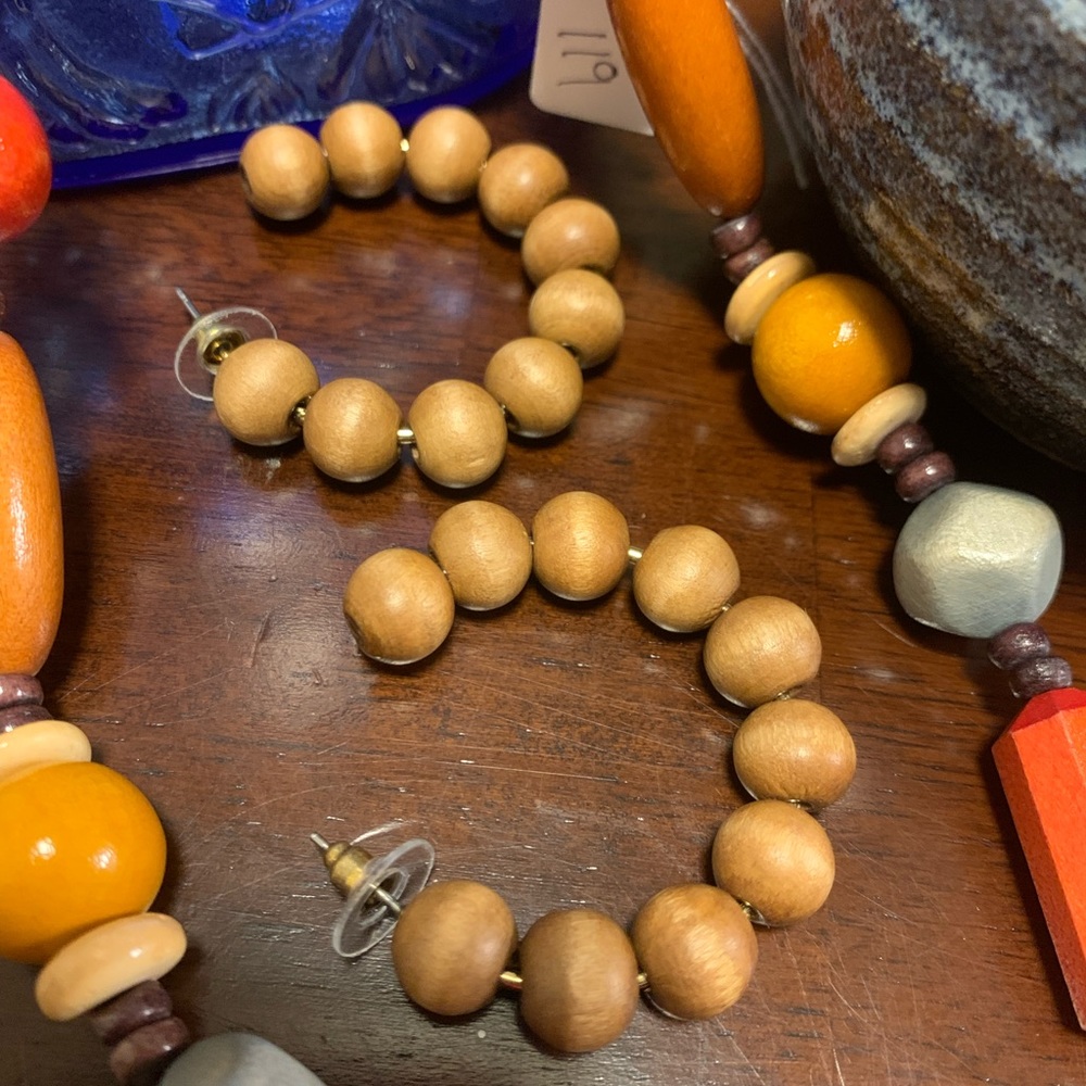 Wood beaded boho colorful 18” Necklace‎ and wood beaded Hoop earrings. - Picture 2 of 5